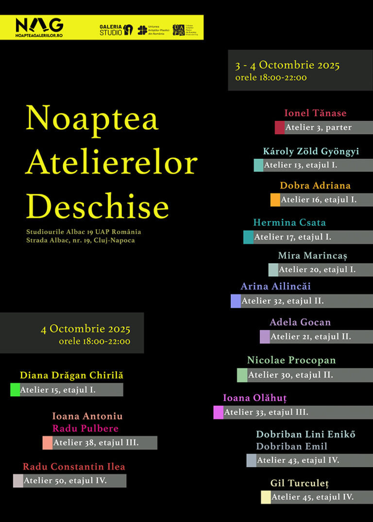 This is the poster for the Open Studio Night in 2025. All the participating artists are mentioned. The event took place at the Albac Artist Colony No. 19 in Cluj-Napoca, Romania. The event was held to promote Romanian visual artists and was part of a wider movement involving all the major art centres in the country.