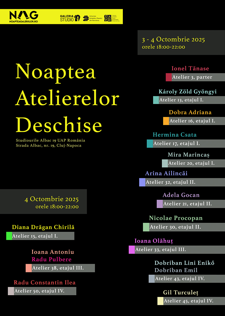 This is the poster for the Open Studio Night in 2025. All the participating artists are mentioned. The event took place at the Albac Artist Colony No. 19 in Cluj-Napoca, Romania. The event was held to promote Romanian visual artists and was part of a wider movement involving all the major art centres in the country.